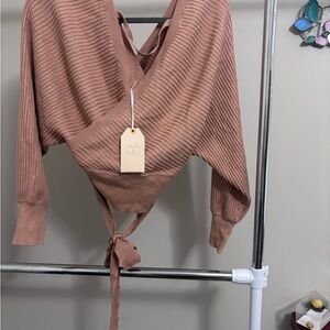 Love Tree Ribbed V-Neck Sweater in Brown